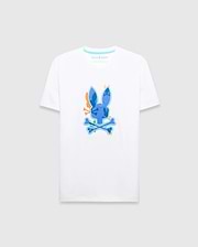 Tanner Bunny Graphic Tee, a classic fit white jersey t-shirt featuring a large, vibrant blue, orange, yellow, and green abstract Psycho Bunny skull graphic on the chest, with a small brand logo on the inner neck. (1)