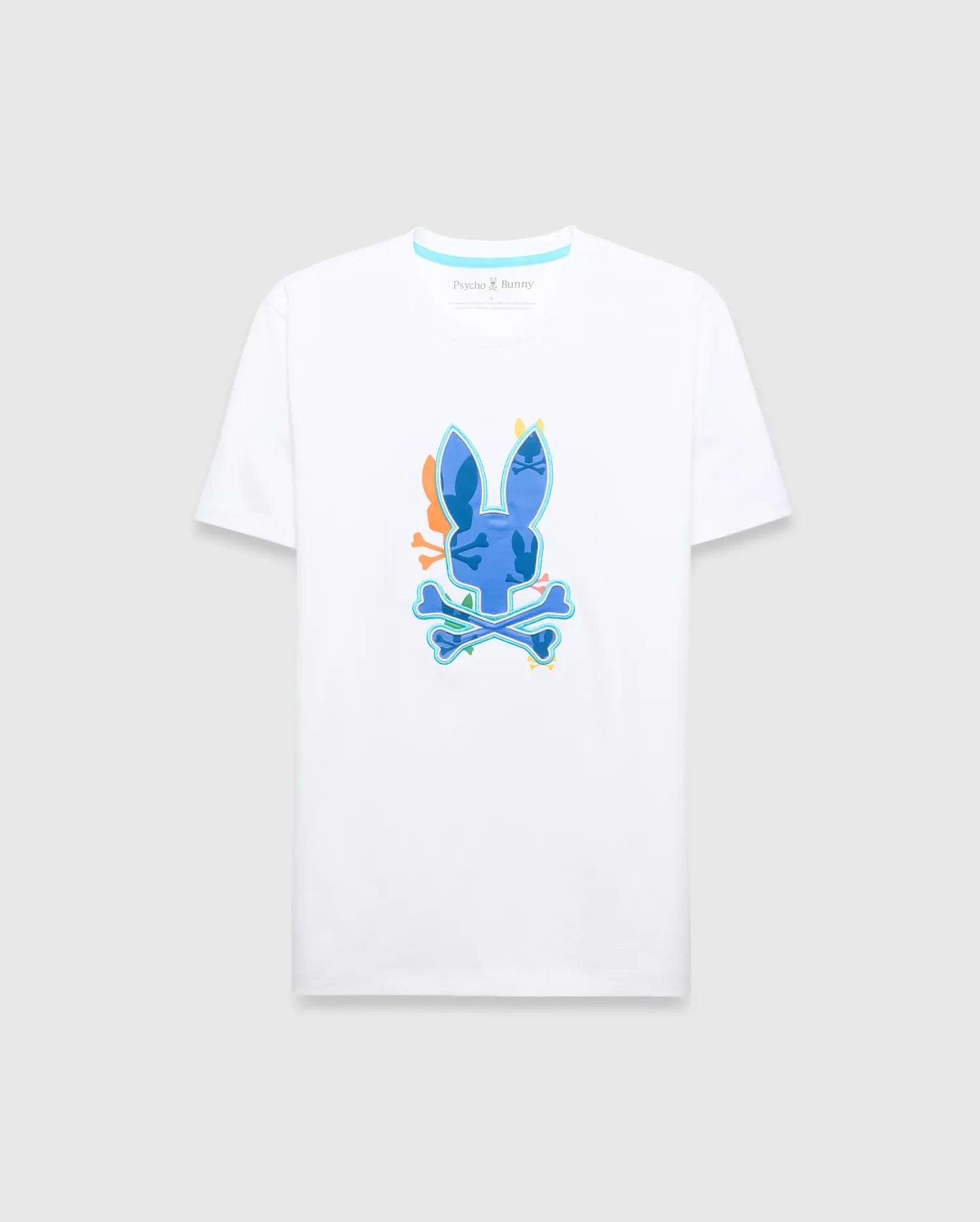 Tanner Bunny Graphic Tee, a classic fit white jersey t-shirt featuring a large, vibrant blue, orange, yellow, and green abstract Psycho Bunny skull graphic on the chest, with a small brand logo on the inner neck. (1)