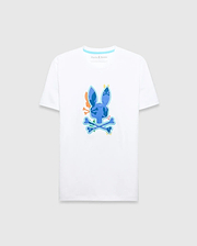 Tanner Bunny Graphic Tee, a classic fit white jersey t-shirt featuring a large, vibrant blue, orange, yellow, and green abstract Psycho Bunny skull graphic on the chest, with a small brand logo on the inner neck. (1)
