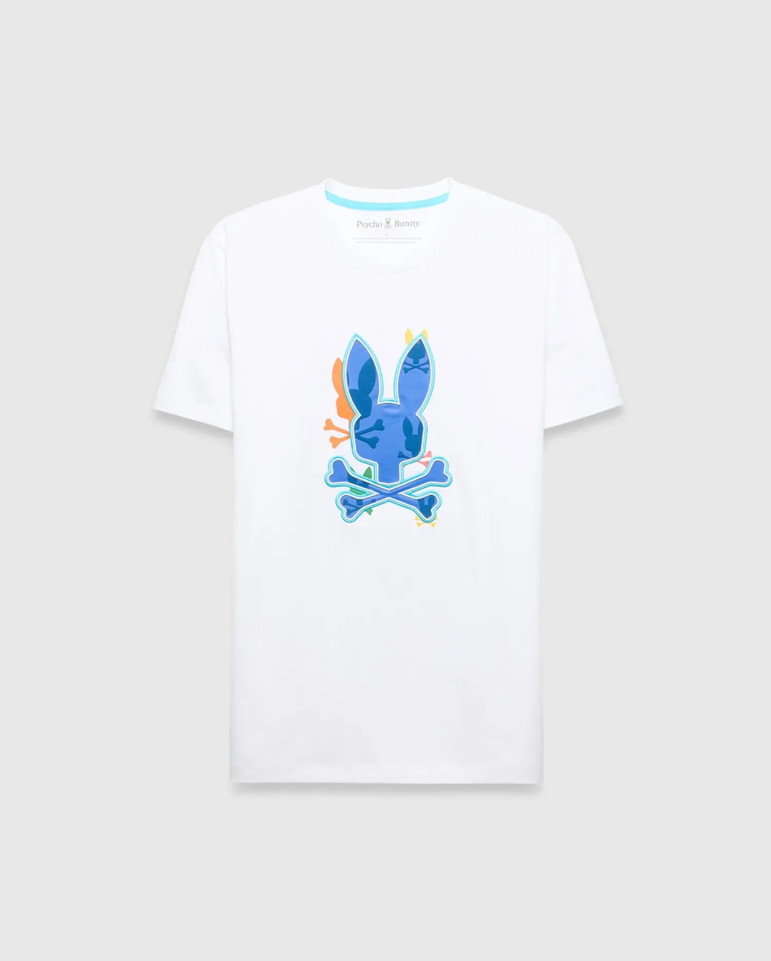 Tanner Bunny Graphic Tee, a classic fit white jersey t-shirt featuring a large, vibrant blue, orange, yellow, and green abstract Psycho Bunny skull graphic on the chest, with a small brand logo on the inner neck. (1)