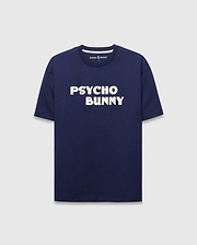 Mens Craig Wordmark Tee, a navy blue relaxed fit jersey t-shirt featuring a bold white PSYCHO BUNNY chest wordmark and a small Psycho Bunny logo on the inner back neck. (5)