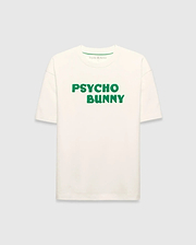Mens Craig Wordmark Tee, a cream relaxed fit jersey t-shirt featuring a prominent green textured PSYCHO BUNNY wordmark graphic on the chest and a small green logo on the inner neck.