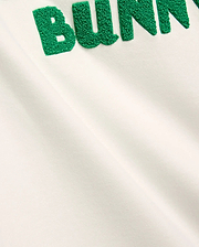 Mens Craig Wordmark Tee in soft off-white jersey, showcasing a bold, large green textured chenille BUNNY wordmark prominently embroidered on the chest, embodying refined streetwear.