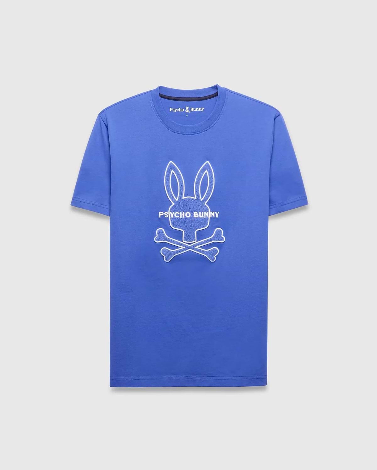 Mens Craig Graphic Tee, royal blue classic fit smooth jersey with a large white outline Psycho Bunny skull graphic and PSYCHO BUNNY text on the chest, plus a small embroidered logo on the back neck. (5)