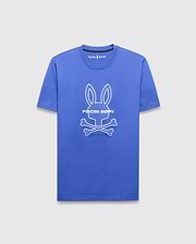 Mens Craig Graphic Tee, royal blue classic fit smooth jersey with a large white outline Psycho Bunny skull graphic and PSYCHO BUNNY text on the chest, plus a small embroidered logo on the back neck. (5)