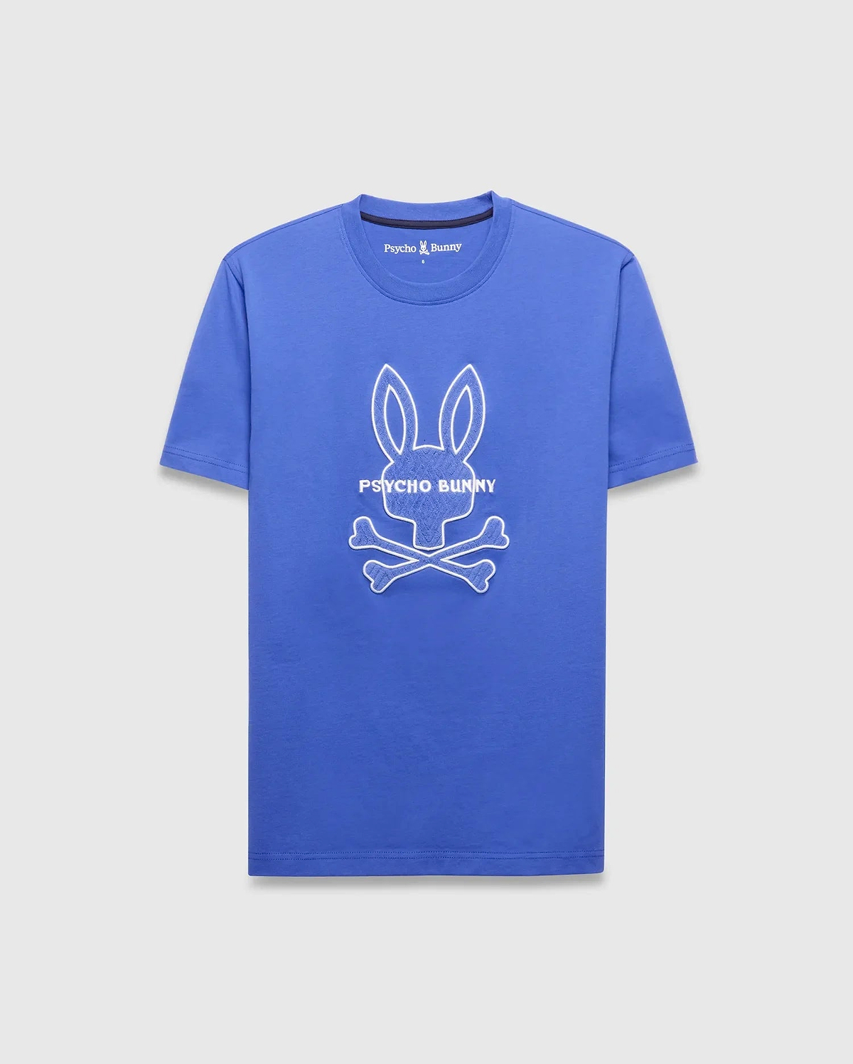 Mens Craig Graphic Tee, royal blue classic fit smooth jersey with a large white outline Psycho Bunny skull graphic and PSYCHO BUNNY text on the chest, plus a small embroidered logo on the back neck. (5)