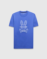 Mens Craig Graphic Tee, royal blue classic fit smooth jersey with a large white outline Psycho Bunny skull graphic and PSYCHO BUNNY text on the chest, plus a small embroidered logo on the back neck. (5)