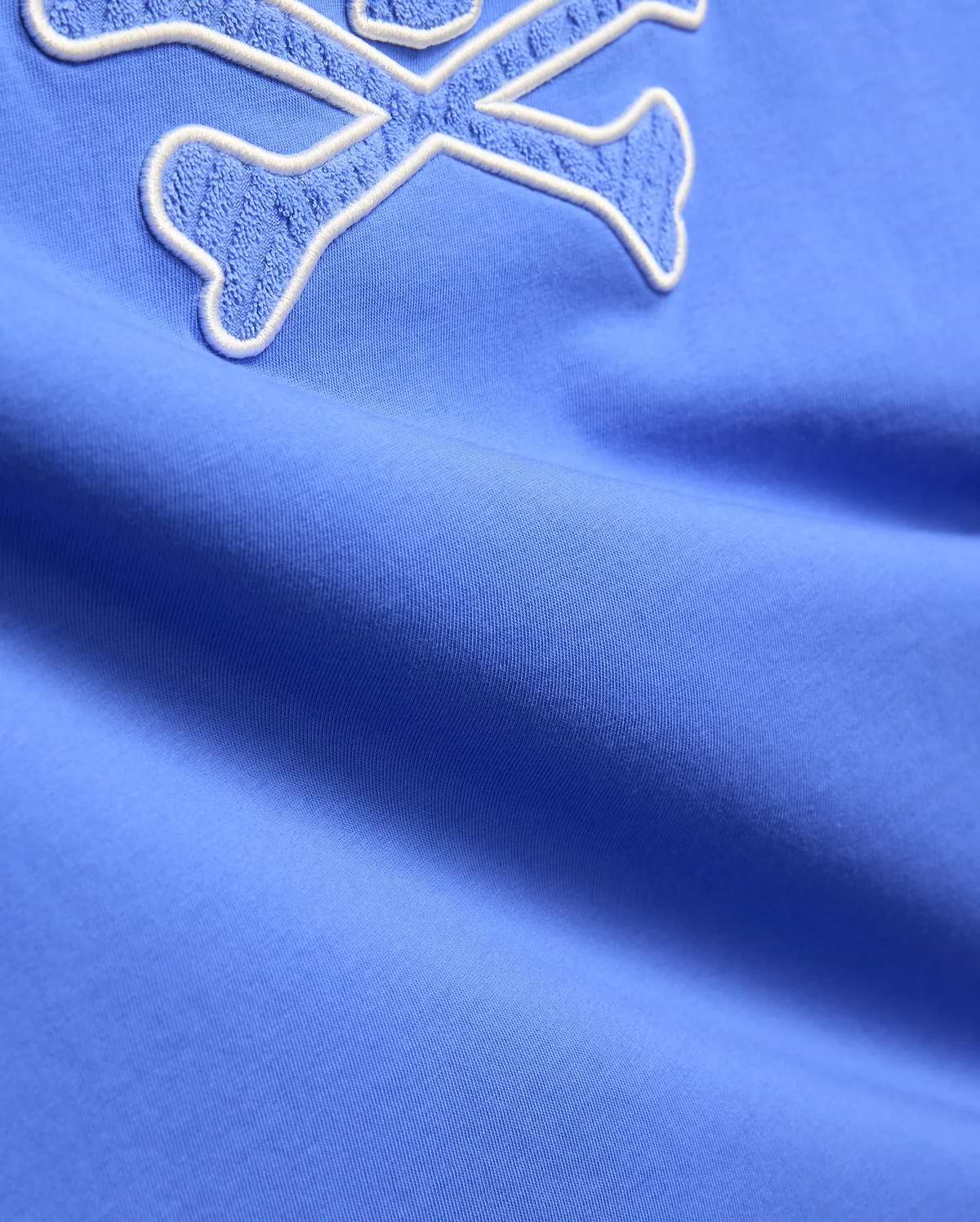 Mens Craig Graphic Tee in vibrant cornflower blue jersey knit, featuring a large, prominent white-outlined terry cloth embroidered crossbones logo. (6)