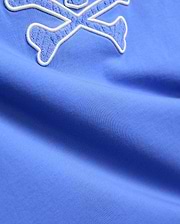 Mens Craig Graphic Tee in vibrant cornflower blue jersey knit, featuring a large, prominent white-outlined terry cloth embroidered crossbones logo. (6)