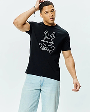 Mens Craig Graphic Tee, black classic fit jersey knit with a large white Psycho Bunny skull and crossbones logo and text graphic prominently displayed on the chest. (2)
