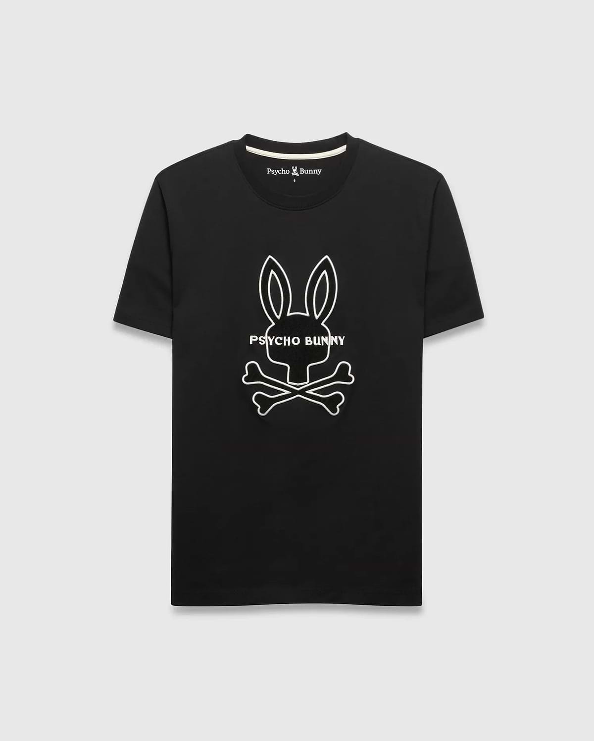 Black Mens Craig Graphic Tee in classic fit jersey, featuring a large white outline Psycho Bunny skull and crossbones graphic on the chest. (1)