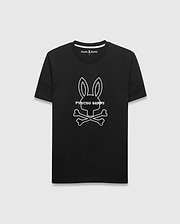 Black Mens Craig Graphic Tee in classic fit jersey, featuring a large white outline Psycho Bunny skull and crossbones graphic on the chest. (1)