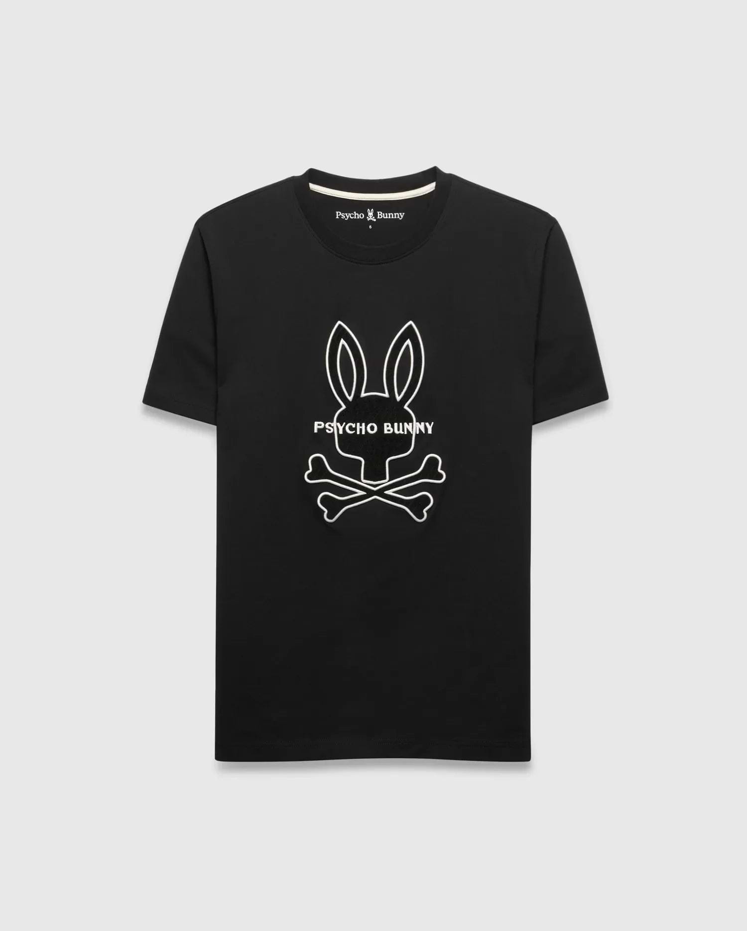 Black Mens Craig Graphic Tee in classic fit jersey, featuring a large white outline Psycho Bunny skull and crossbones graphic on the chest. (1)