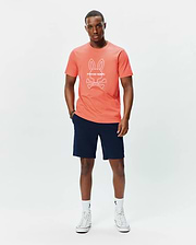 Mens Craig Graphic Tee in coral, featuring a classic fit and soft jersey fabric, with a large white Psycho Bunny skull and crossbones logo and text prominently displayed on the center chest. (4)