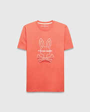 Mens Craig Graphic Tee in vibrant coral jersey, featuring a classic fit, white ribbed crew neck, and a large white outline Psycho Bunny skull graphic on the chest with a small embroidered logo. (1)