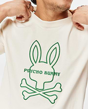 Mens Craig Graphic Tee, cream classic fit jersey t-shirt with a large central green embroidered Psycho Bunny skull logo featuring quilted texture inside the bunny head. (3)
