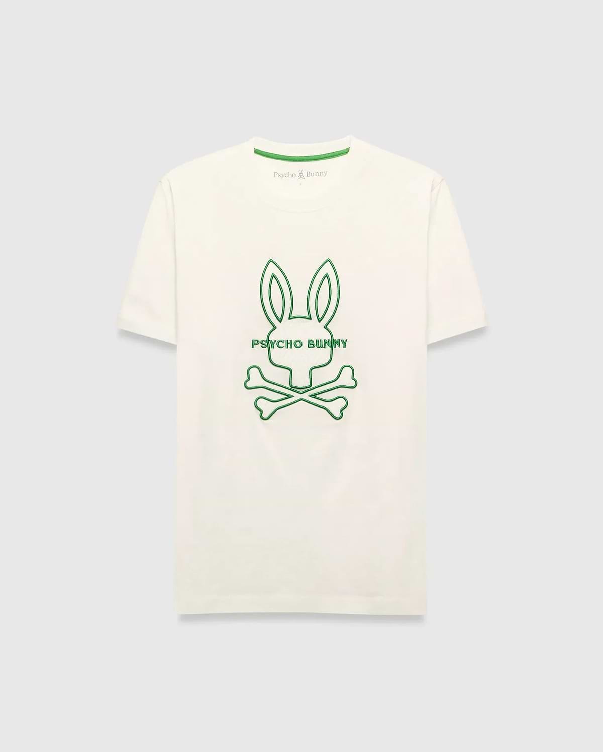 Mens Craig Graphic Tee, cream jersey t-shirt with a large central green embroidered Psycho Bunny skull logo and text, featuring a classic fit and green branded neck tape. (1)