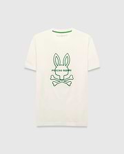 Mens Craig Graphic Tee, cream jersey t-shirt with a large central green embroidered Psycho Bunny skull logo and text, featuring a classic fit and green branded neck tape. (1)
