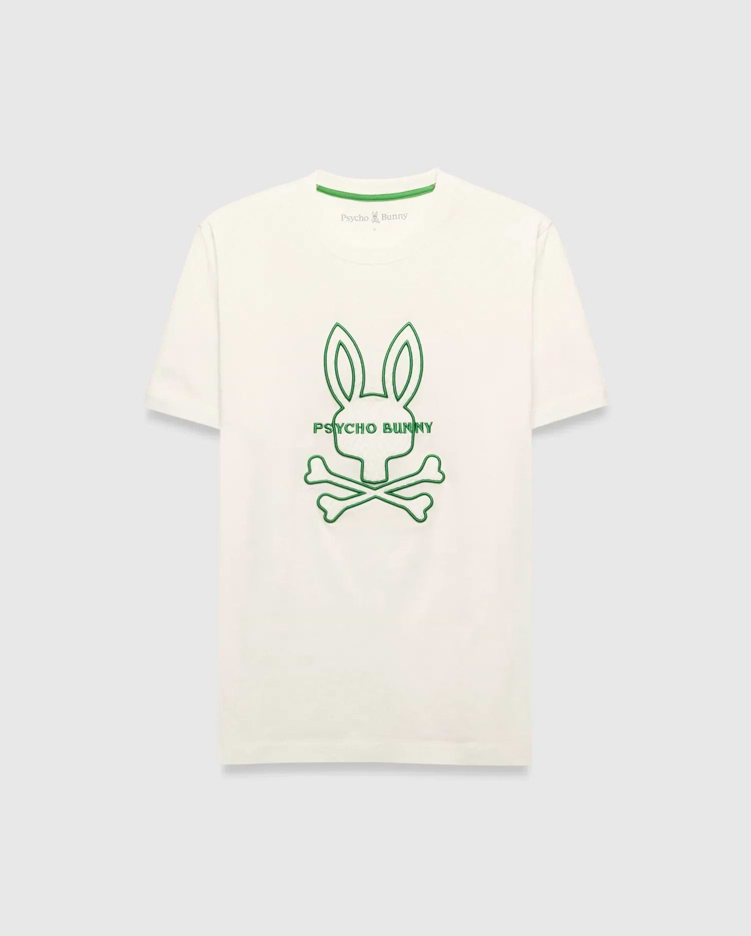 Mens Craig Graphic Tee, cream jersey t-shirt with a large central green embroidered Psycho Bunny skull logo and text, featuring a classic fit and green branded neck tape. (1)
