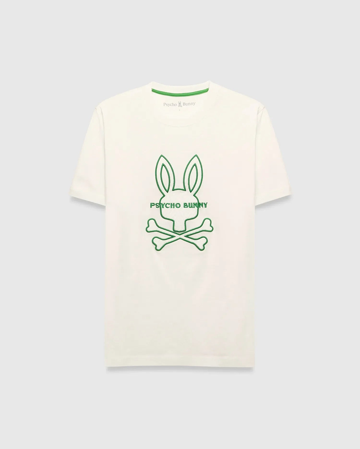 Mens Craig Graphic Tee, cream jersey t-shirt with a large central green embroidered Psycho Bunny skull logo and text, featuring a classic fit and green branded neck tape. (1)