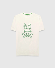 Mens Craig Graphic Tee, cream jersey t-shirt with a large central green embroidered Psycho Bunny skull logo and text, featuring a classic fit and green branded neck tape. (1)