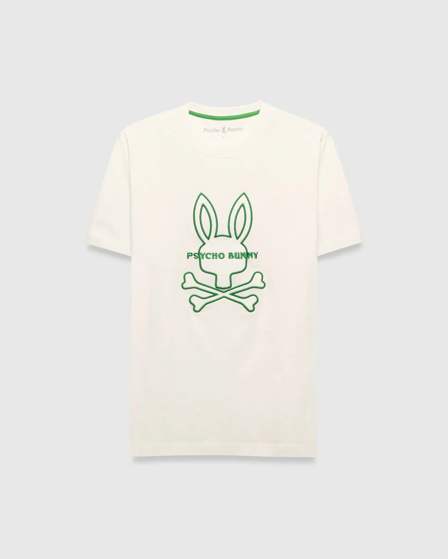 Mens Craig Graphic Tee, cream jersey t-shirt with a large central green embroidered Psycho Bunny skull logo and text, featuring a classic fit and green branded neck tape. (1)