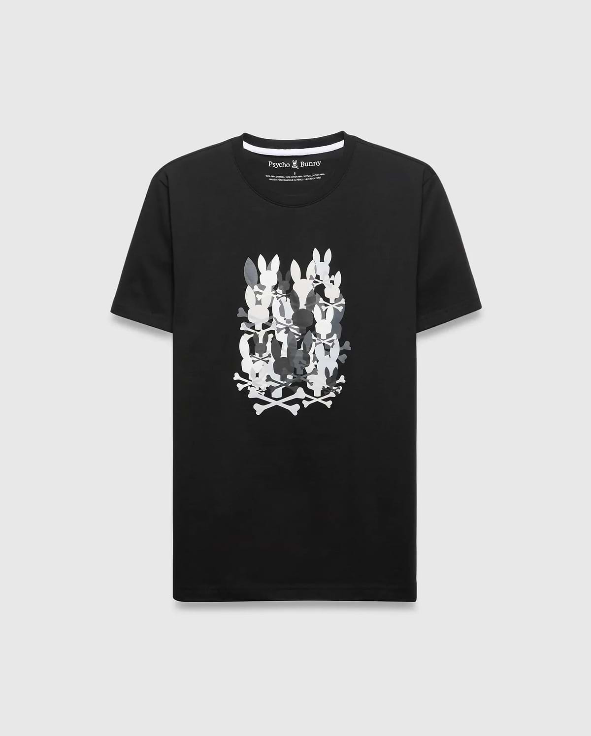 Mens Tanner Graphic Tee, a black classic fit jersey knit t-shirt featuring a large central graphic of stacked white and gray Psycho Bunny skull and crossbones.