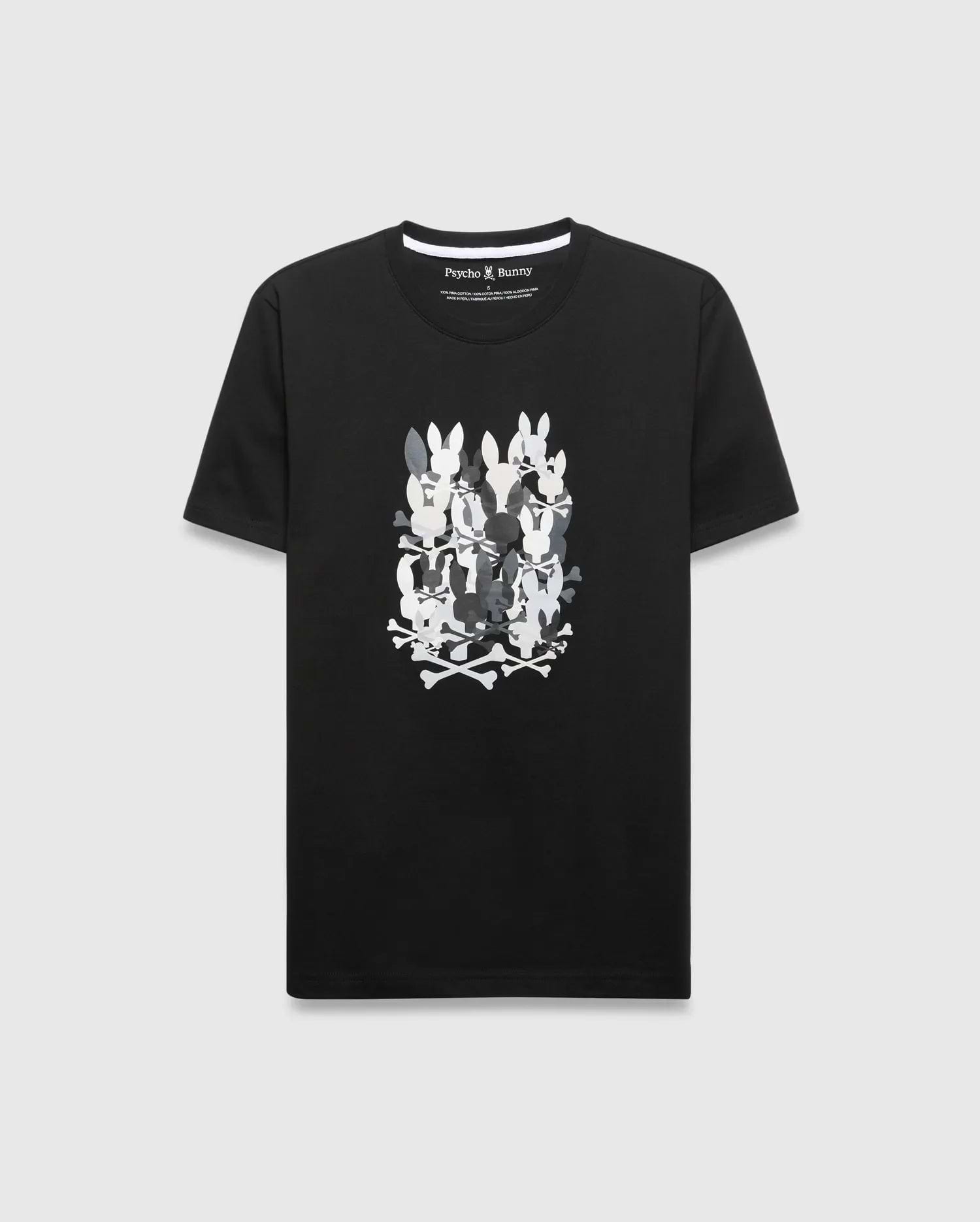 Mens Tanner Graphic Tee, a black classic fit jersey knit t-shirt featuring a large central graphic of stacked white and gray Psycho Bunny skull and crossbones.