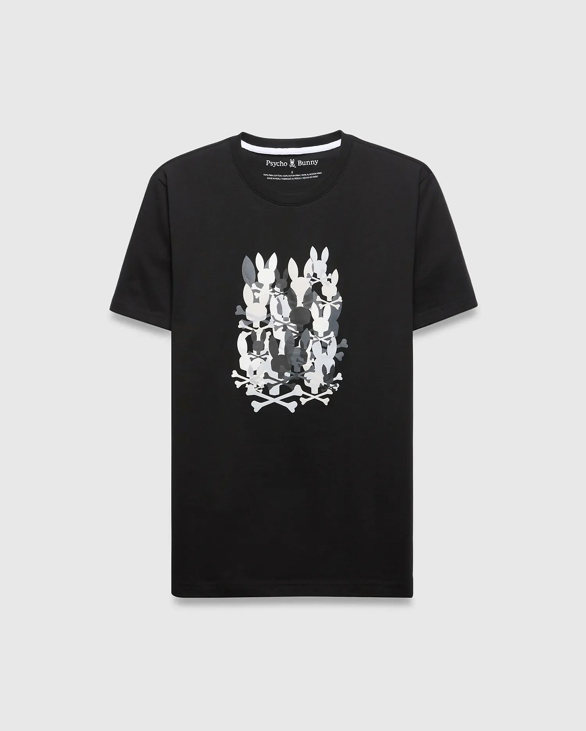 Mens Tanner Graphic Tee, a black classic fit jersey knit t-shirt featuring a large central graphic of stacked white and gray Psycho Bunny skull and crossbones.