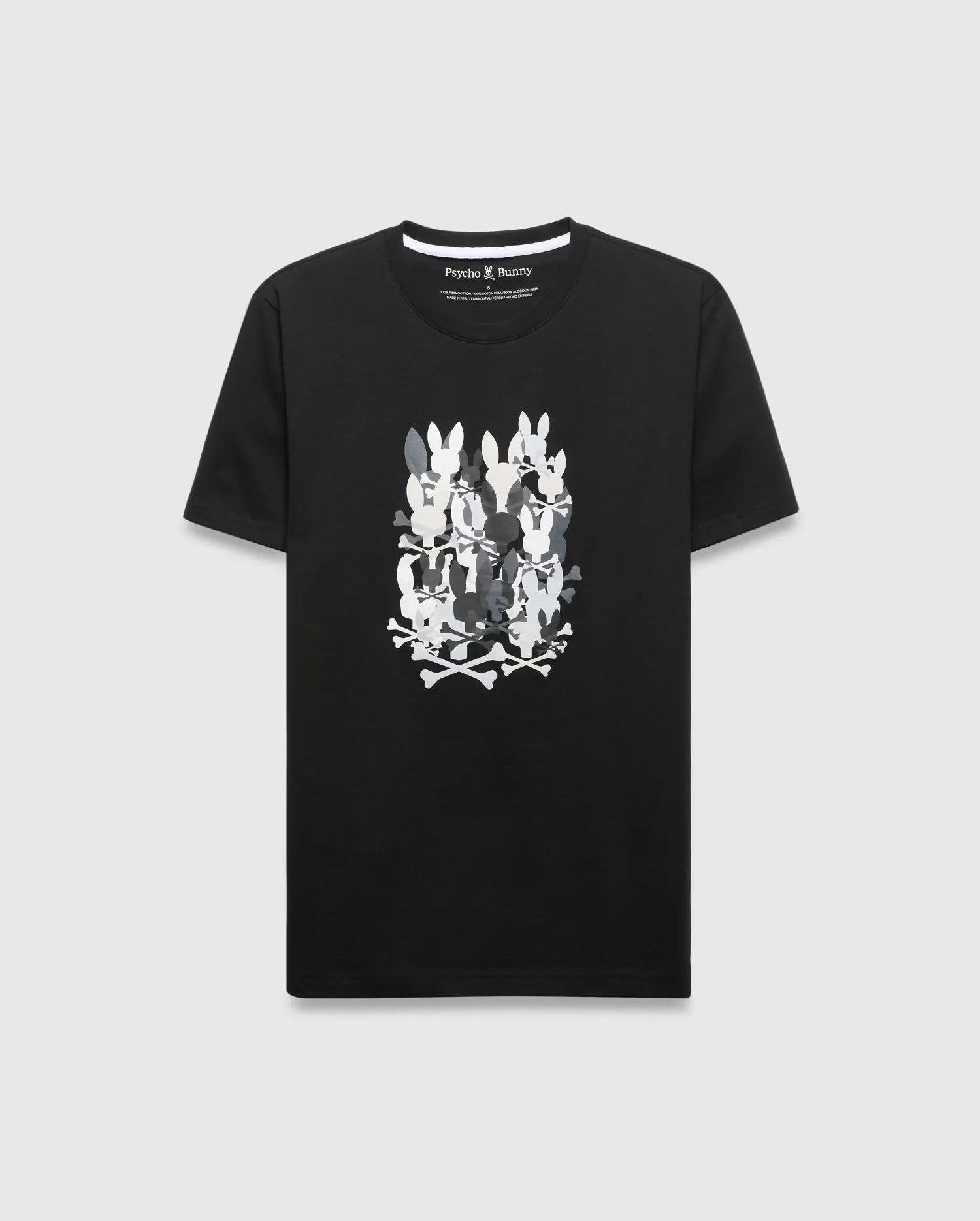Mens Tanner Graphic Tee, a black classic fit jersey knit t-shirt featuring a large central graphic of stacked white and gray Psycho Bunny skull and crossbones.