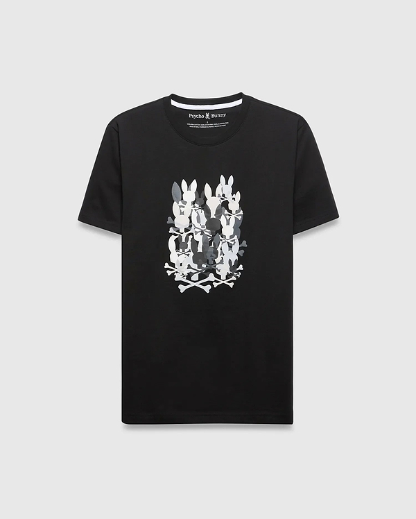 Mens Tanner Graphic Tee, a black classic fit jersey knit t-shirt featuring a large central graphic of stacked white and gray Psycho Bunny skull and crossbones.