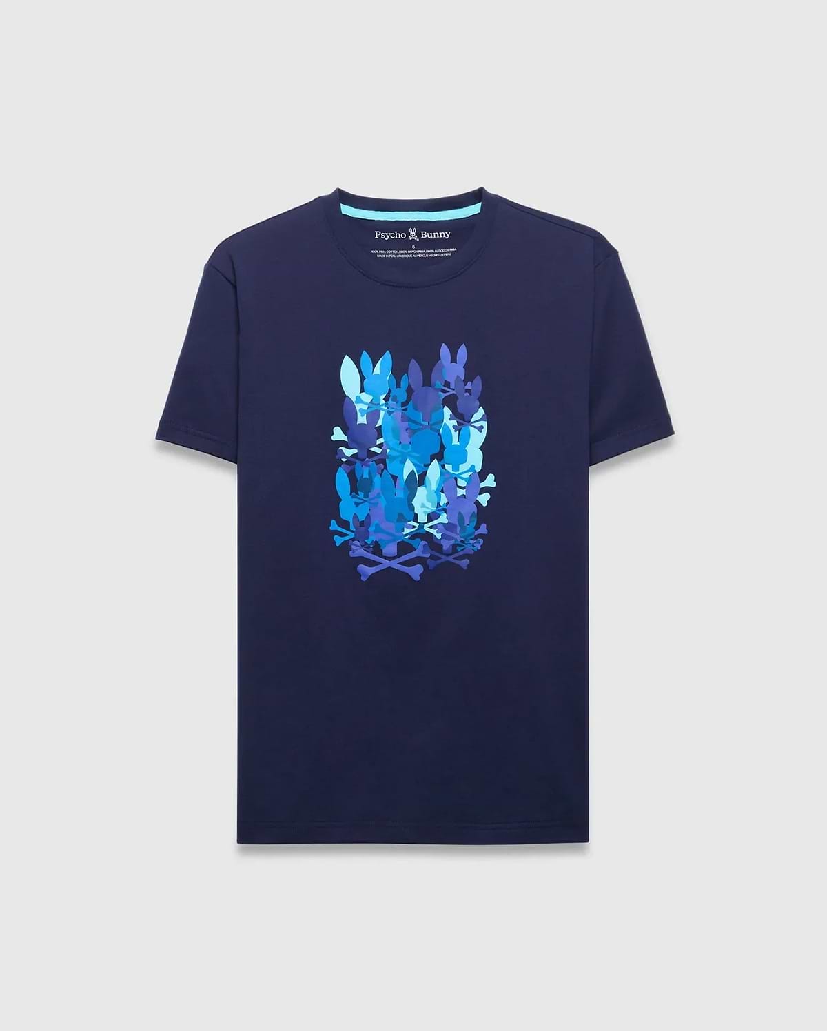 Mens Tanner Graphic Tee, a classic fit navy jersey t-shirt featuring a large central graphic print of stacked Psycho Bunny skull and crossbones logos in various shades of blue.