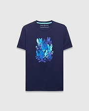 Mens Tanner Graphic Tee, a classic fit navy jersey t-shirt featuring a large central graphic print of stacked Psycho Bunny skull and crossbones logos in various shades of blue.