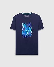 Mens Tanner Graphic Tee, a classic fit navy jersey t-shirt featuring a large central graphic print of stacked Psycho Bunny skull and crossbones logos in various shades of blue.
