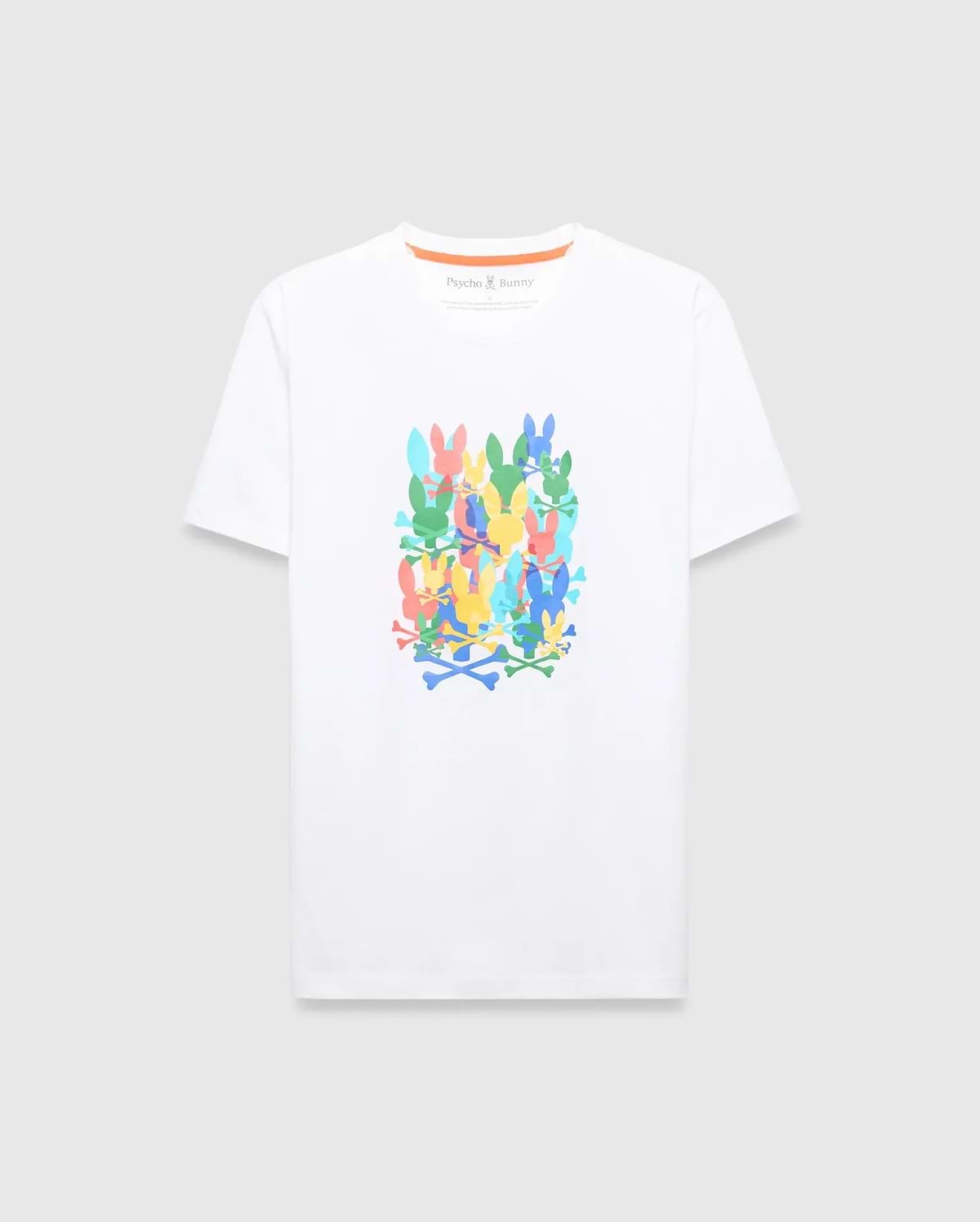 Mens Tanner Graphic Tee, a classic fit white jersey t-shirt featuring a large multicolor stacked Psycho Bunny skull and crossbones graphic print on the chest. (1)