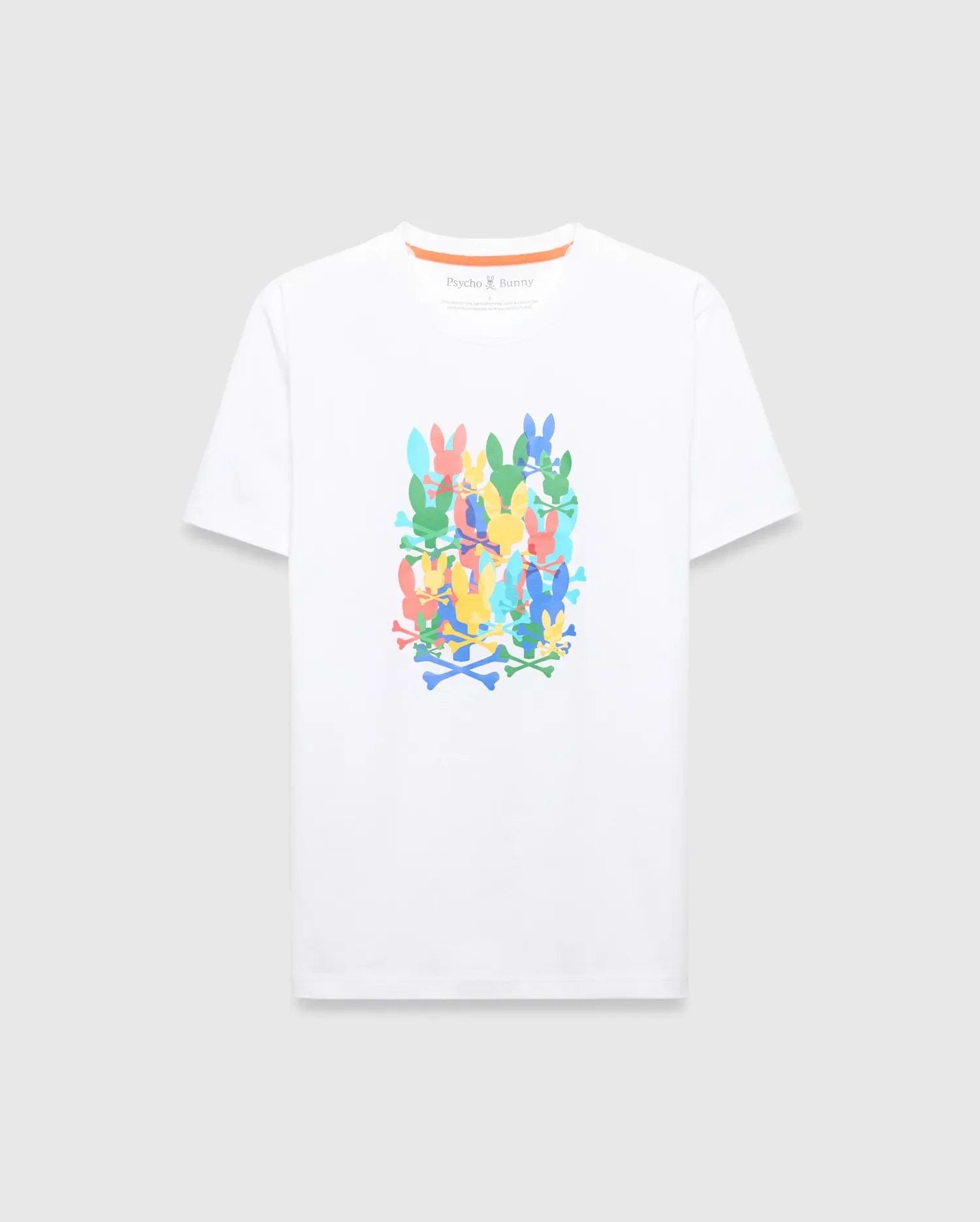 Mens Tanner Graphic Tee, a classic fit white jersey t-shirt featuring a large multicolor stacked Psycho Bunny skull and crossbones graphic print on the chest. (1)