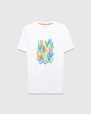 Mens Tanner Graphic Tee, a classic fit white jersey t-shirt featuring a large multicolor stacked Psycho Bunny skull and crossbones graphic print on the chest. (1)