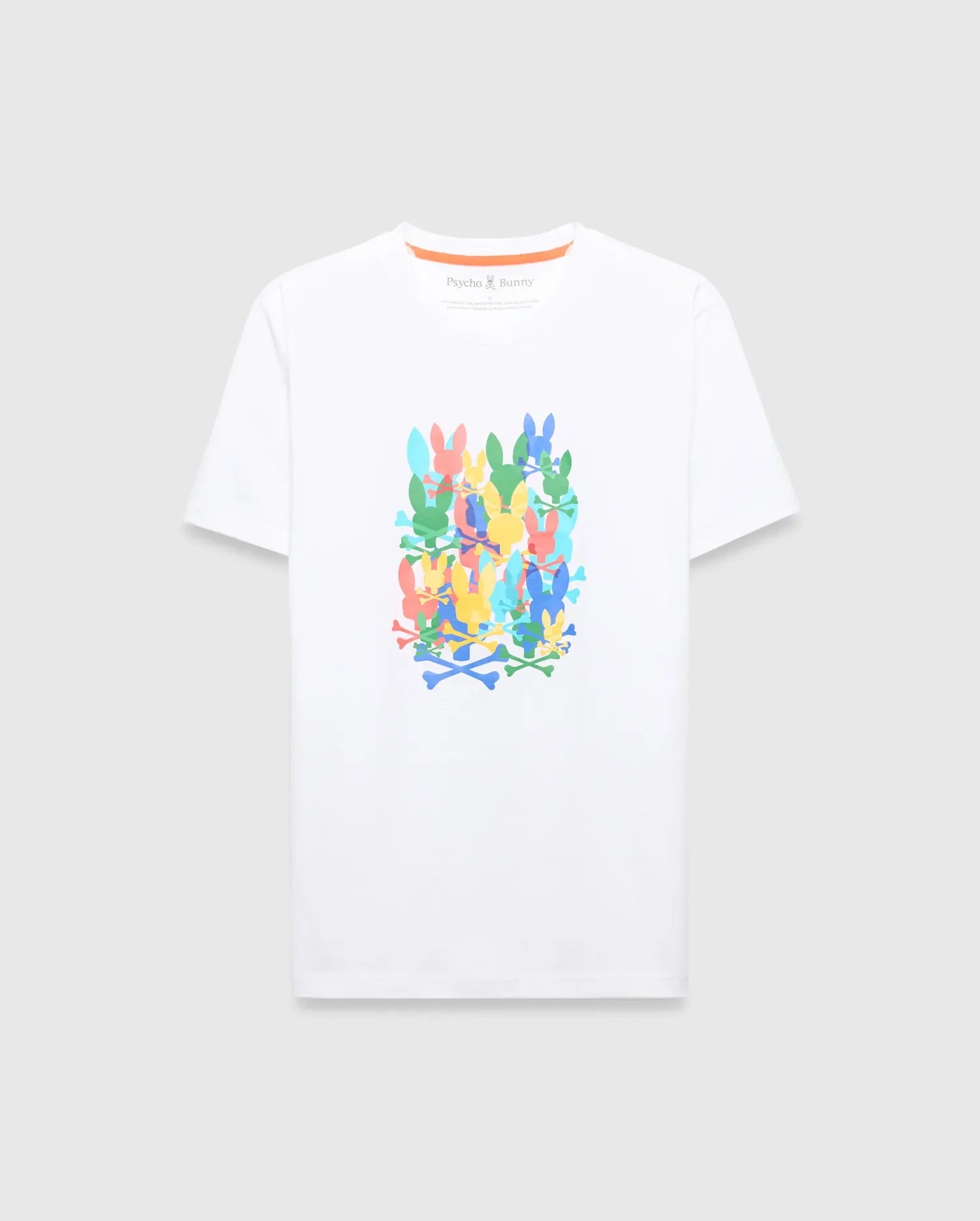 Mens Tanner Graphic Tee, a classic fit white jersey t-shirt featuring a large multicolor stacked Psycho Bunny skull and crossbones graphic print on the chest. (1)