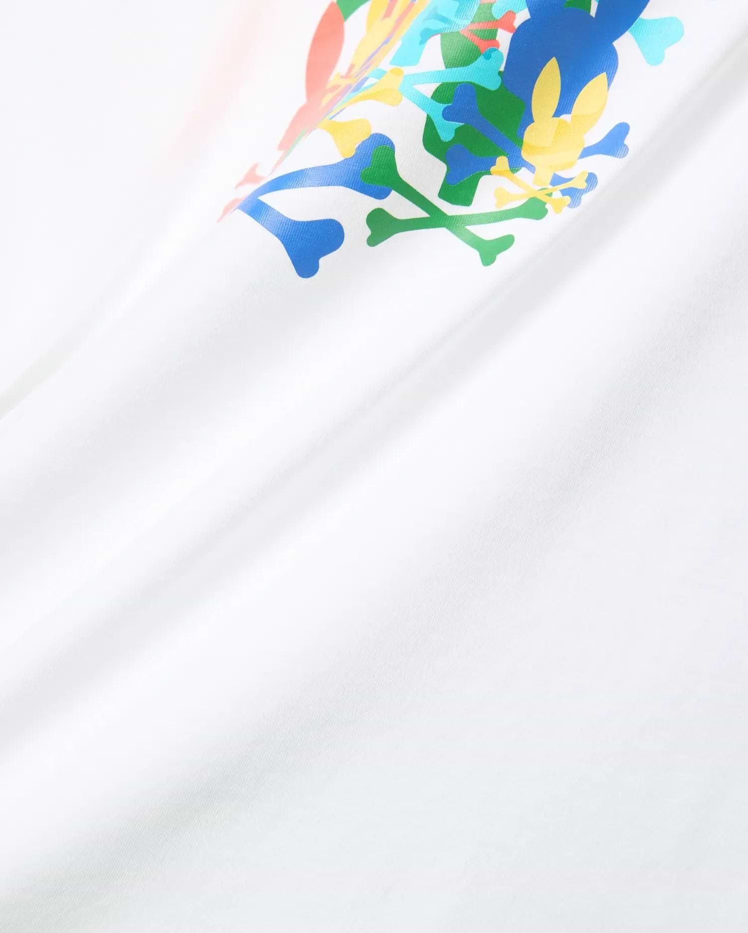 White Mens Tanner Graphic Tee, soft jersey knit, featuring a large multicolor Psycho Bunny skull and crossbones graphic print on the chest. (5)