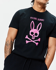 Mens Adler Graphic Tee, black classic fit jersey t-shirt with a large pink Psycho Bunny skull and crossbones graphic and PSYCHO BUNNY text on the chest. (3)