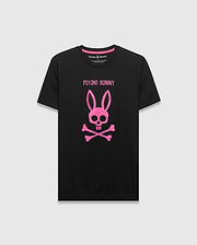 Mens Adler Graphic Tee, black soft jersey classic fit t-shirt featuring a large vibrant pink Psycho Bunny skull and crossbones graphic with text on the chest, and pink accent neck tape. (1)