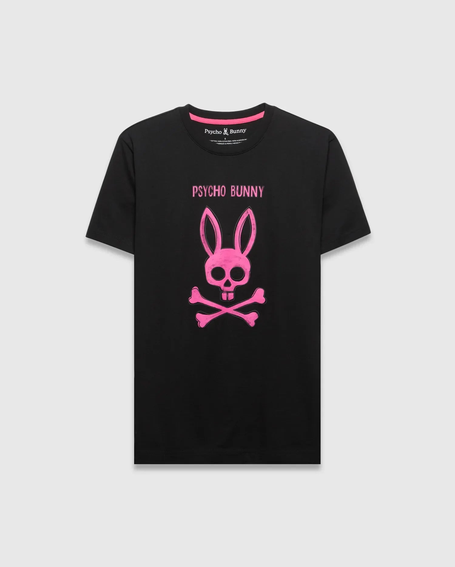 Mens Adler Graphic Tee, black soft jersey classic fit t-shirt featuring a large vibrant pink Psycho Bunny skull and crossbones graphic with text on the chest, and pink accent neck tape. (1)