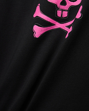 Mens Adler Graphic Tee in black jersey knit, featuring a large vibrant pink Psycho Bunny skull and crossbones graphic print. (6)