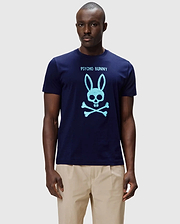 Mens Adler Graphic Tee, navy classic fit smooth jersey t-shirt with a large light blue Psycho Bunny skull and crossbones graphic and PSYCHO BUNNY text on the chest. (2)