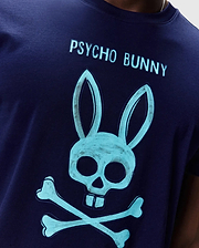 Mens Adler Graphic Tee, navy jersey t-shirt with a large teal Psycho Bunny skull and crossbones graphic on the chest, featuring Psycho Bunny text above. (3)