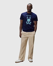 Mens Adler Graphic Tee, navy classic fit jersey t-shirt with a large light blue Psycho Bunny skull and crossbones graphic and brand name on the chest. (4)