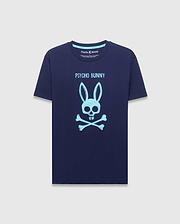 Mens Adler Graphic Tee, navy blue classic fit jersey t-shirt with a large light blue Psycho Bunny skull and crossbones graphic on the front chest, featuring PSYCHO BUNNY text above it. (1)