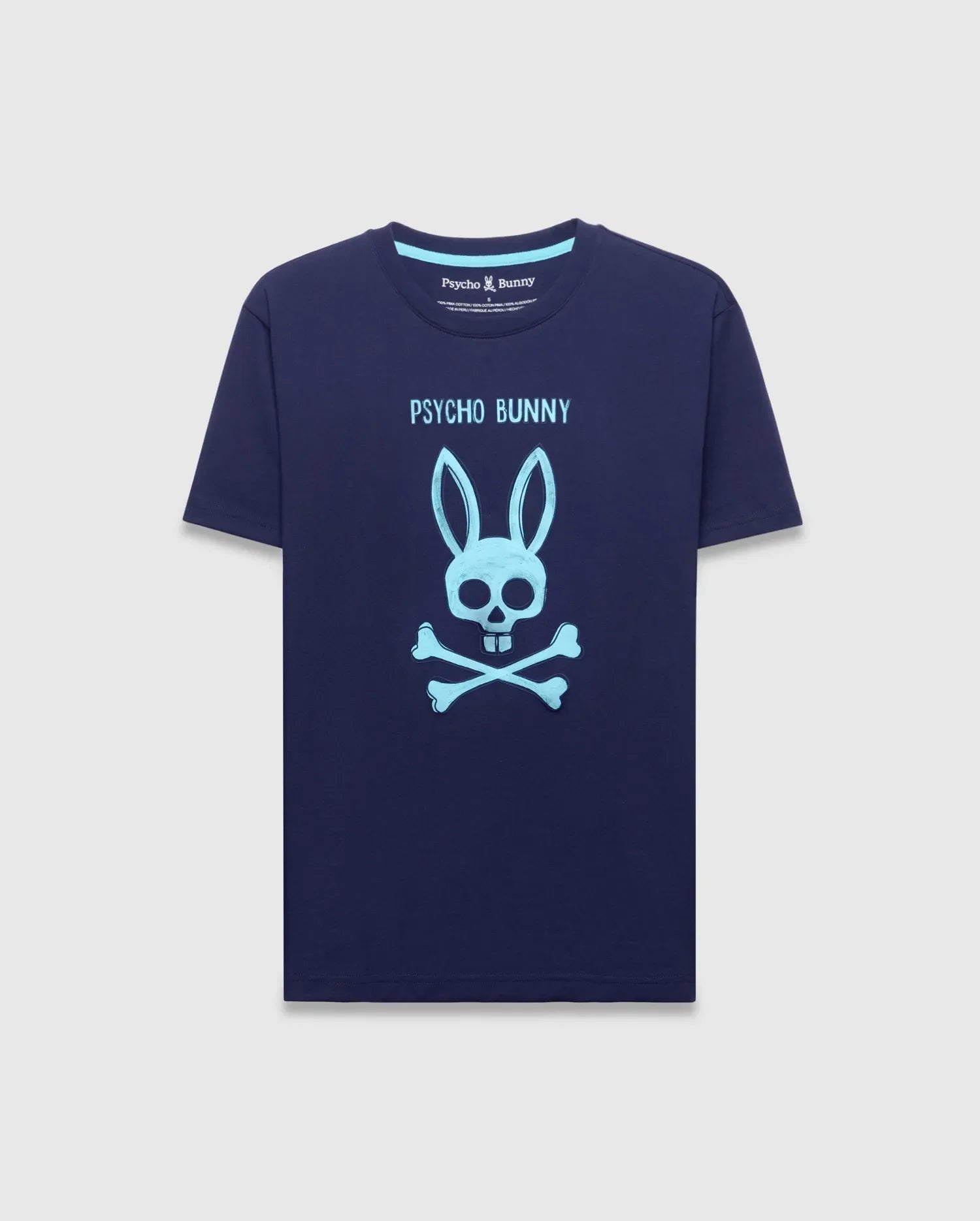 Mens Adler Graphic Tee, navy blue classic fit jersey t-shirt with a large light blue Psycho Bunny skull and crossbones graphic on the front chest, featuring PSYCHO BUNNY text above it. (1)