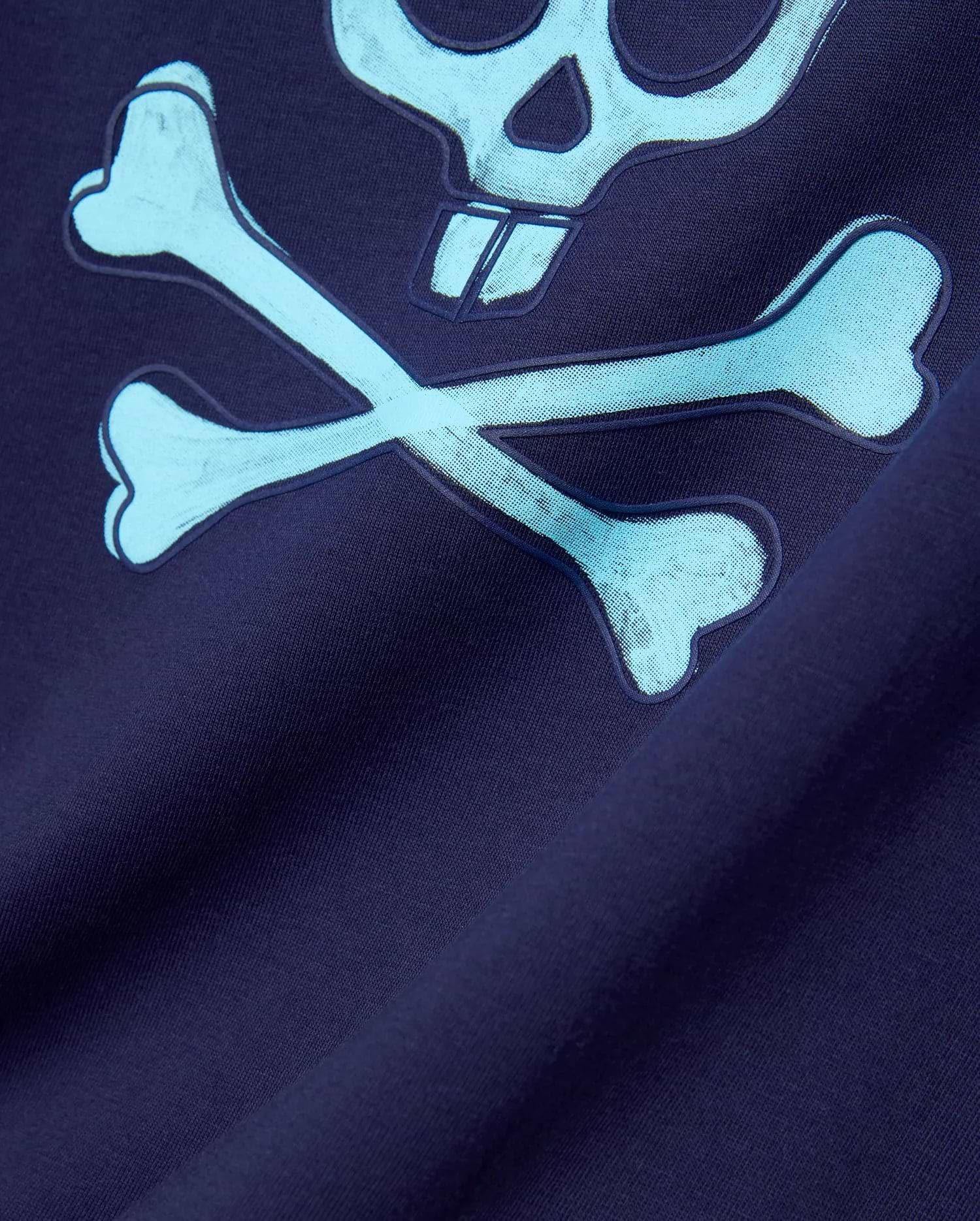 Mens Adler Graphic Tee in navy jersey knit, featuring a large light blue Psycho Bunny skull and crossbones graphic with a textured outline and halftone fill. (5)