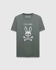 Mens Adler Graphic Tee, dark sage green classic fit jersey t-shirt with a large distressed white Psycho Bunny text and skull-and-crossbones graphic on the chest, plus navy inner collar trim.